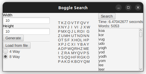 A screenshot from the Boggle Search program.